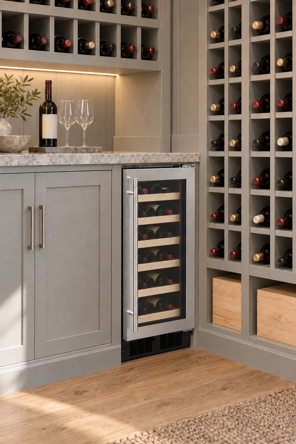 A narrow stainless-and-glass wine refrigerator sits beneath a pale stone counter beside orderly painted bottle cubbies.