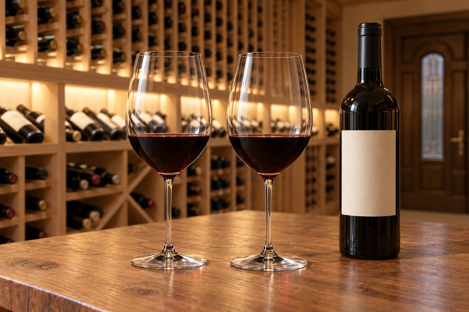 Two red-wine glasses and a plain-label bottle stand on a wood table in front of illuminated wooden wine racks.