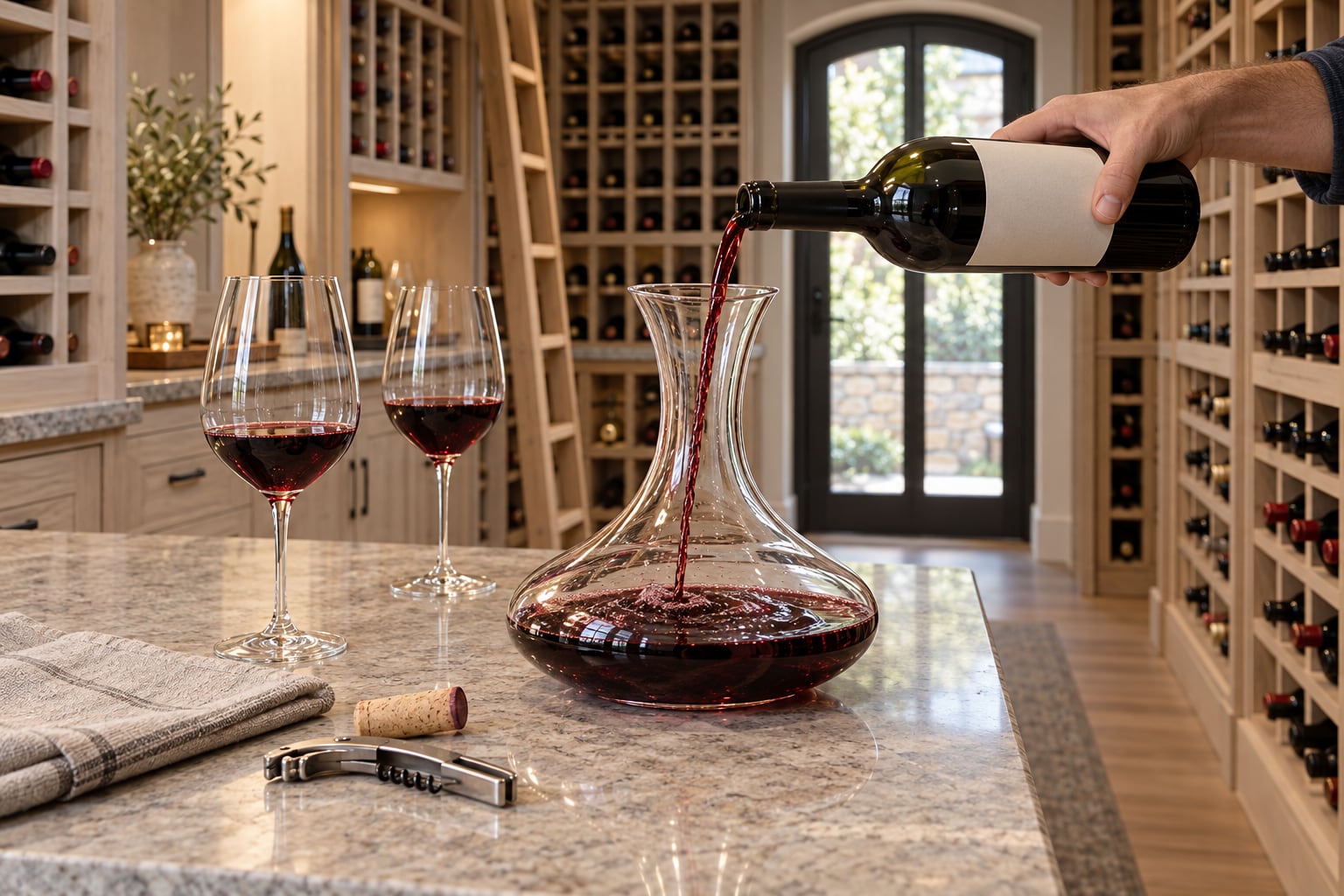 Hand pouring red wine from a bottle into a glass decanter in a wood-paneled wine cellar