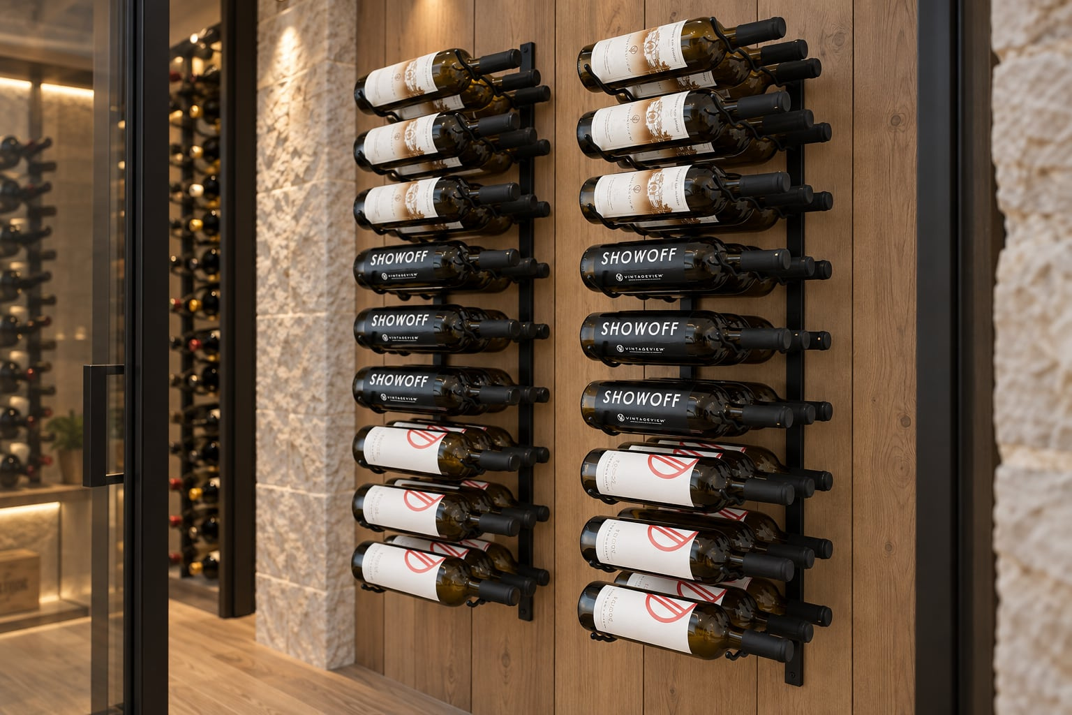 Two label-forward black wine racks mounted on a wood wall beside a glass cellar.