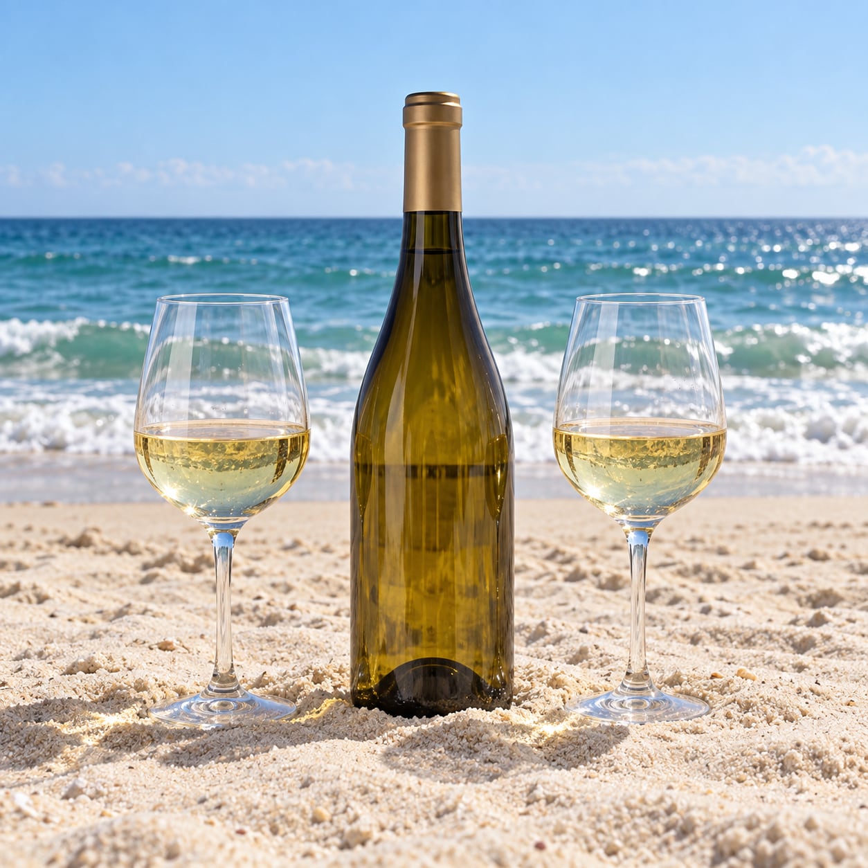 Two wine glasses and an unlabeled bottle standing upright in beach sand at midday