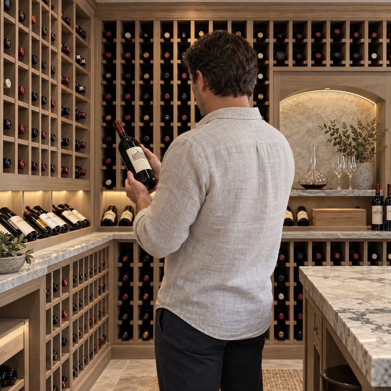 Man viewed from behind holding a wine bottle in a wood-paneled cellar