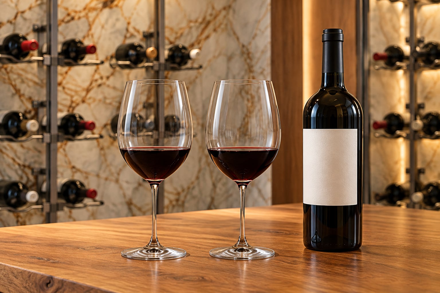 Two glasses of red wine and a bottle with a blank label on a wood table, with metal wine racks against stone behind.