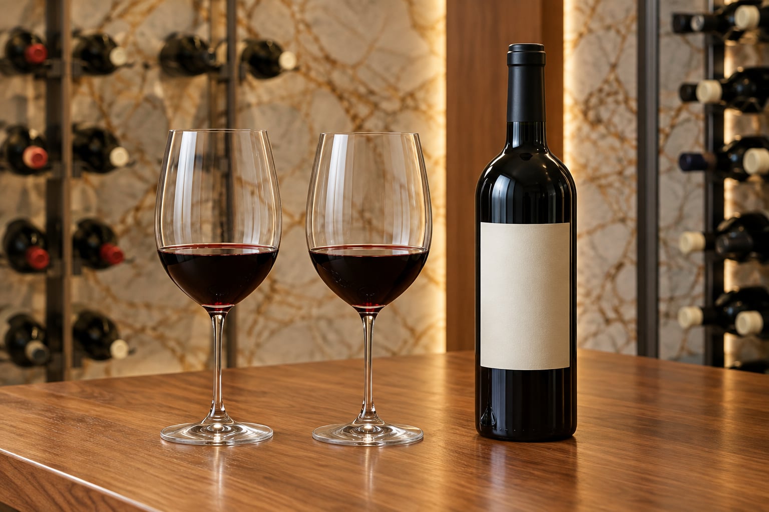 Two fine-stemmed red wineglasses beside a blank-label bottle on a wood table in a finished stone wine cellar.