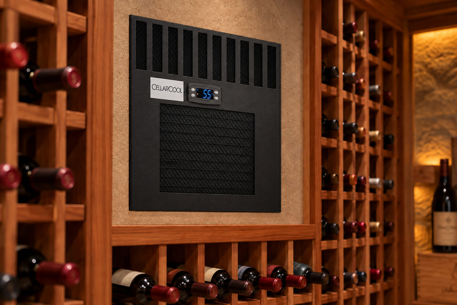 CellarCool CX2200 installed through the wall of a redwood-racked home wine cellar