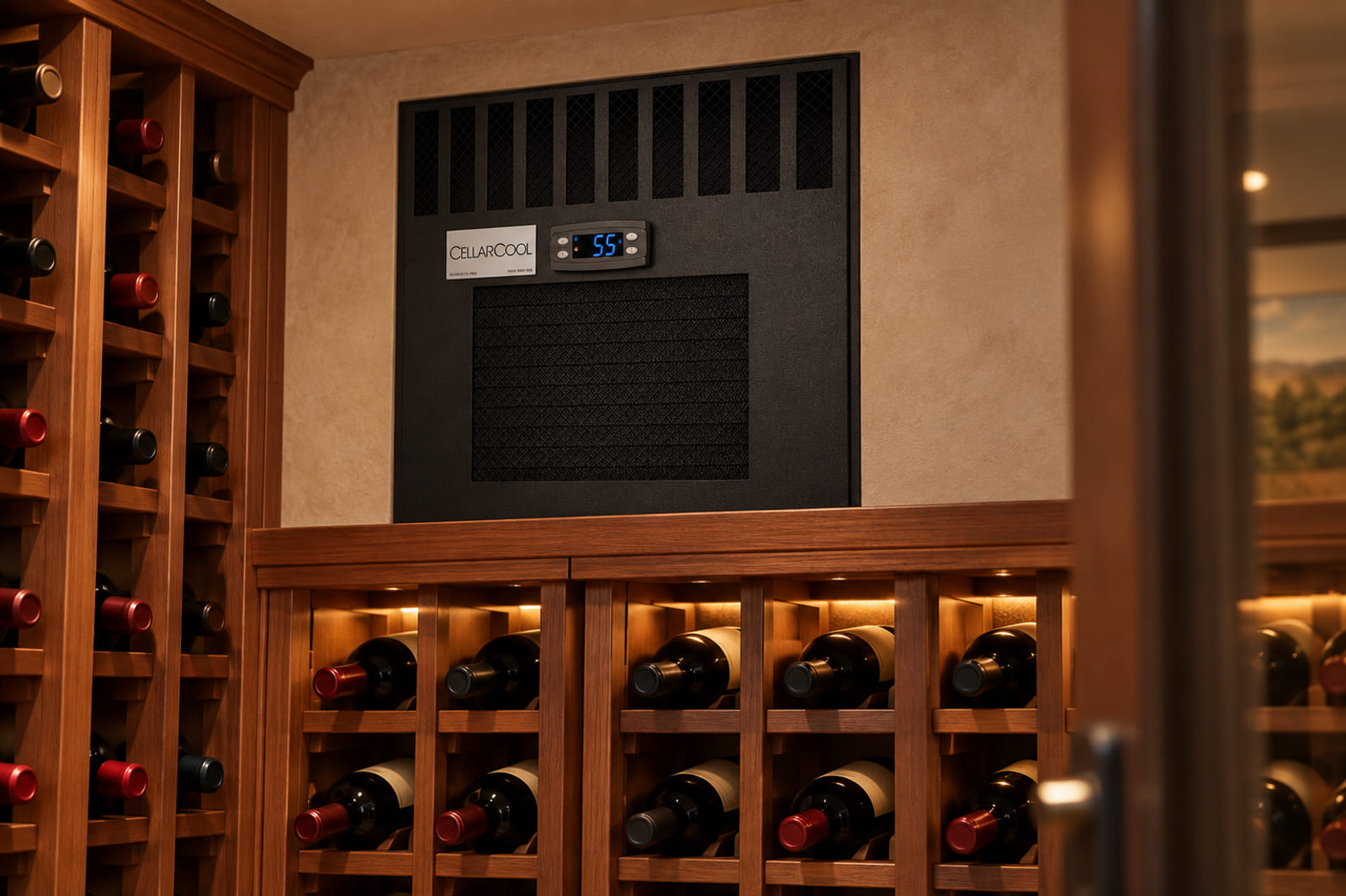 CellarCool CX3300 installed through the wall of a redwood-racked home wine cellar