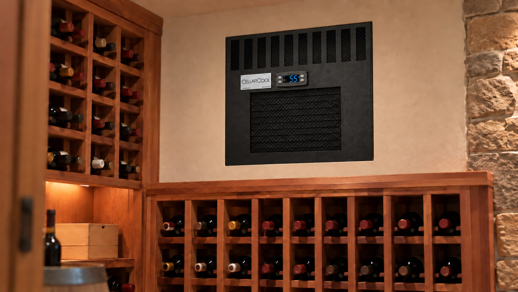 CellarCool CX4400 installed through the wall of a redwood-racked home wine cellar