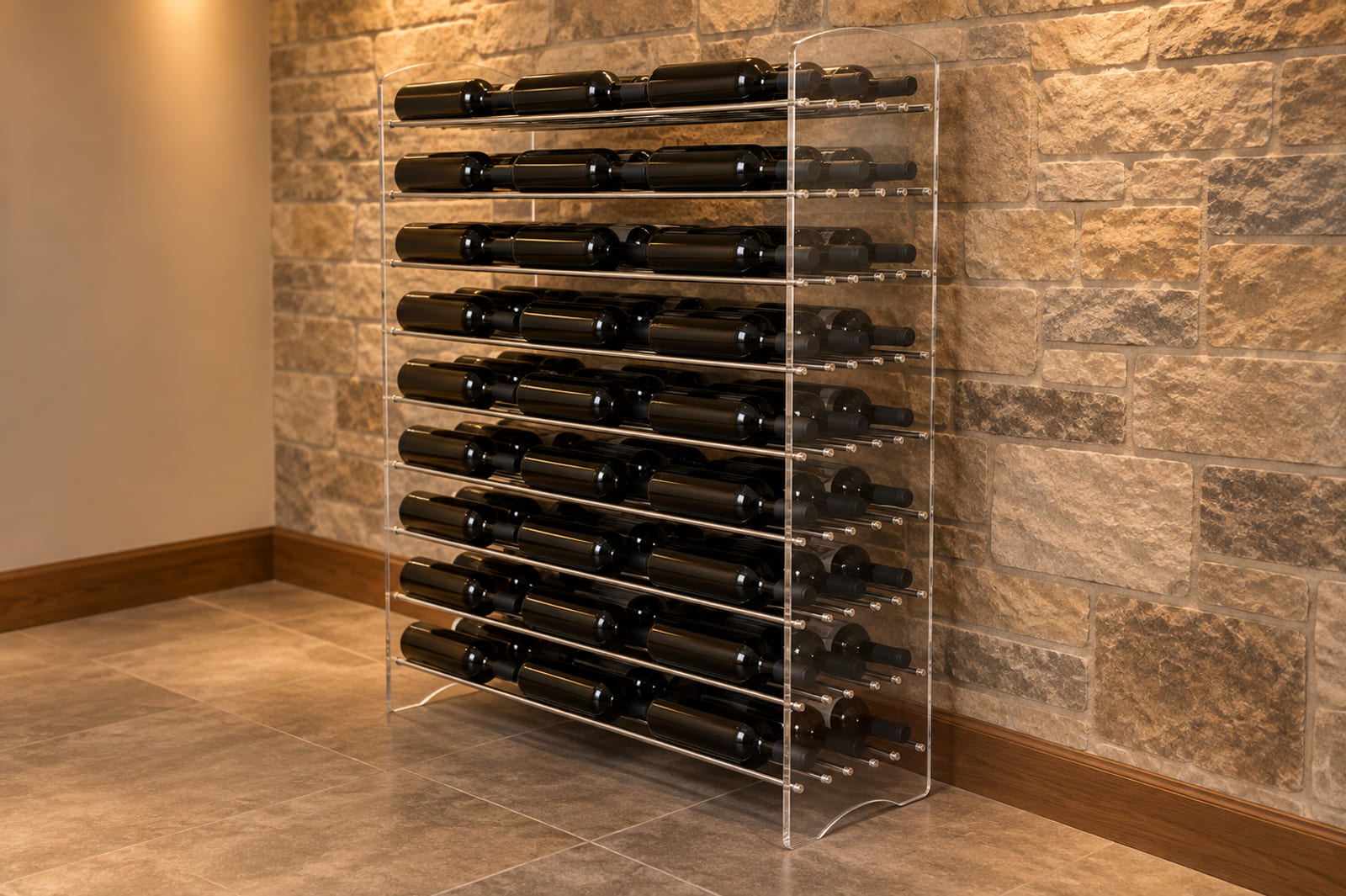 Evolution Wine Tower 47″ | Metal and Acrylic Freestanding Wine Rack Kit (81 bottles-324 bottles) installed and filled with wine bottles in a finished home cellar