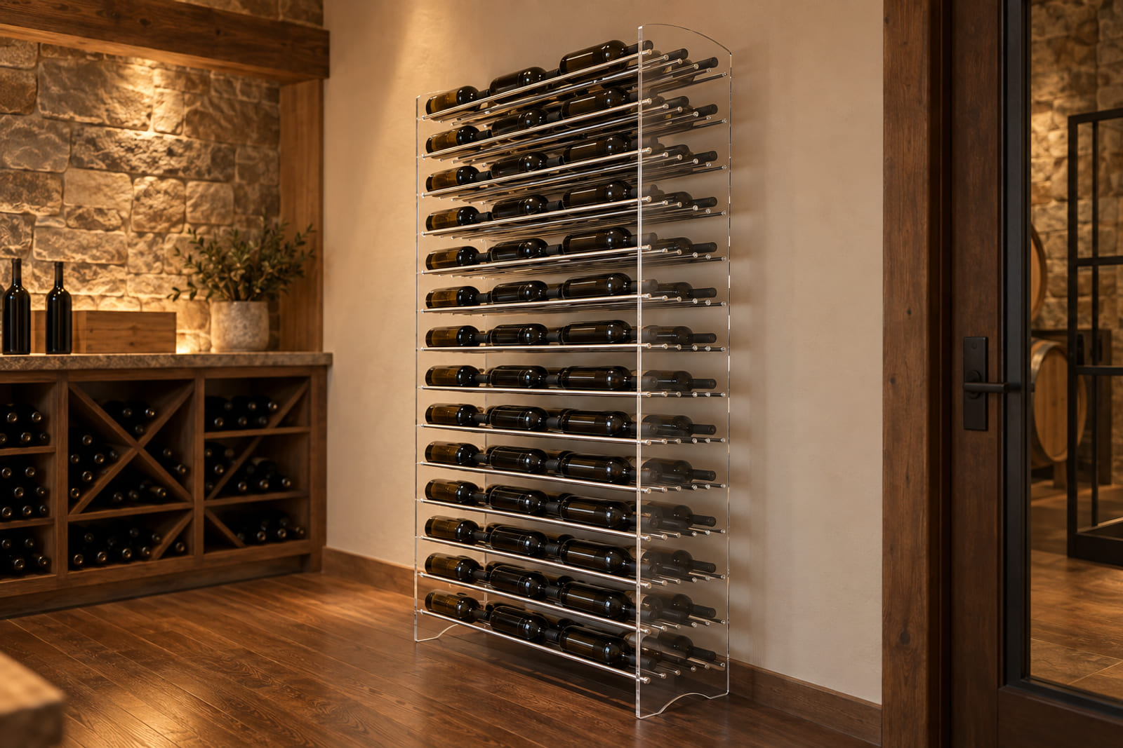 Evolution Wine Tower 72″ | Metal and Acrylic Freestanding Wine Rack (126 bottles-504 bottles) installed and filled with wine bottles in a finished home cellar