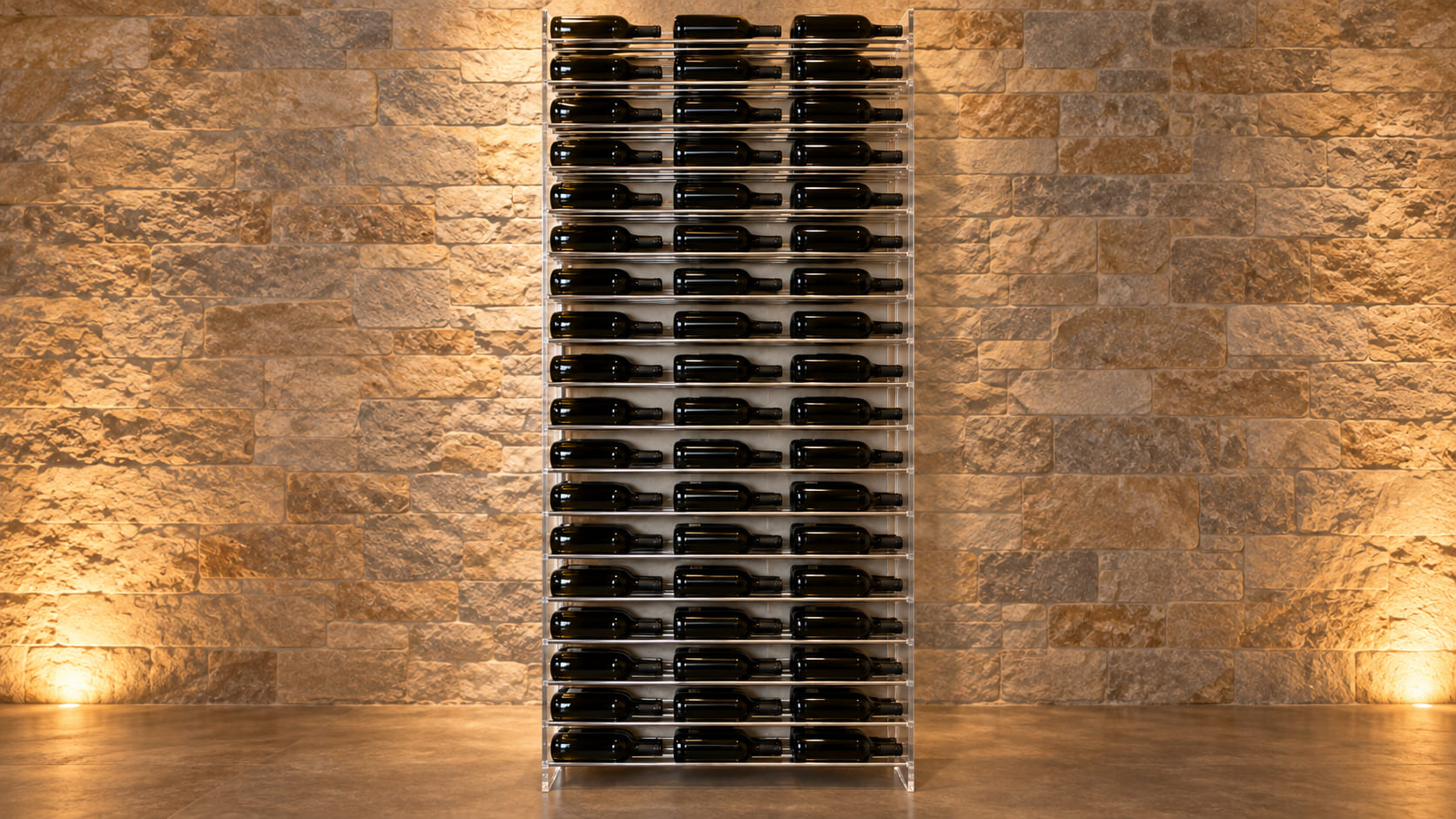 Evolution Wine Tower 92″ | Metal and Acrylic Freestanding Wine Rack (162 bottles-648 bottles) installed and filled with wine bottles in a finished home cellar