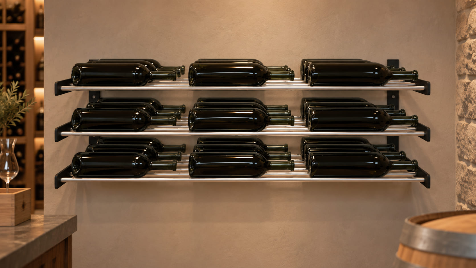 Evolution Series Wine Wall 15″ Wall Mounted Wine Rack (9 to 27 bottles) installed and filled with wine bottles in a finished home cellar