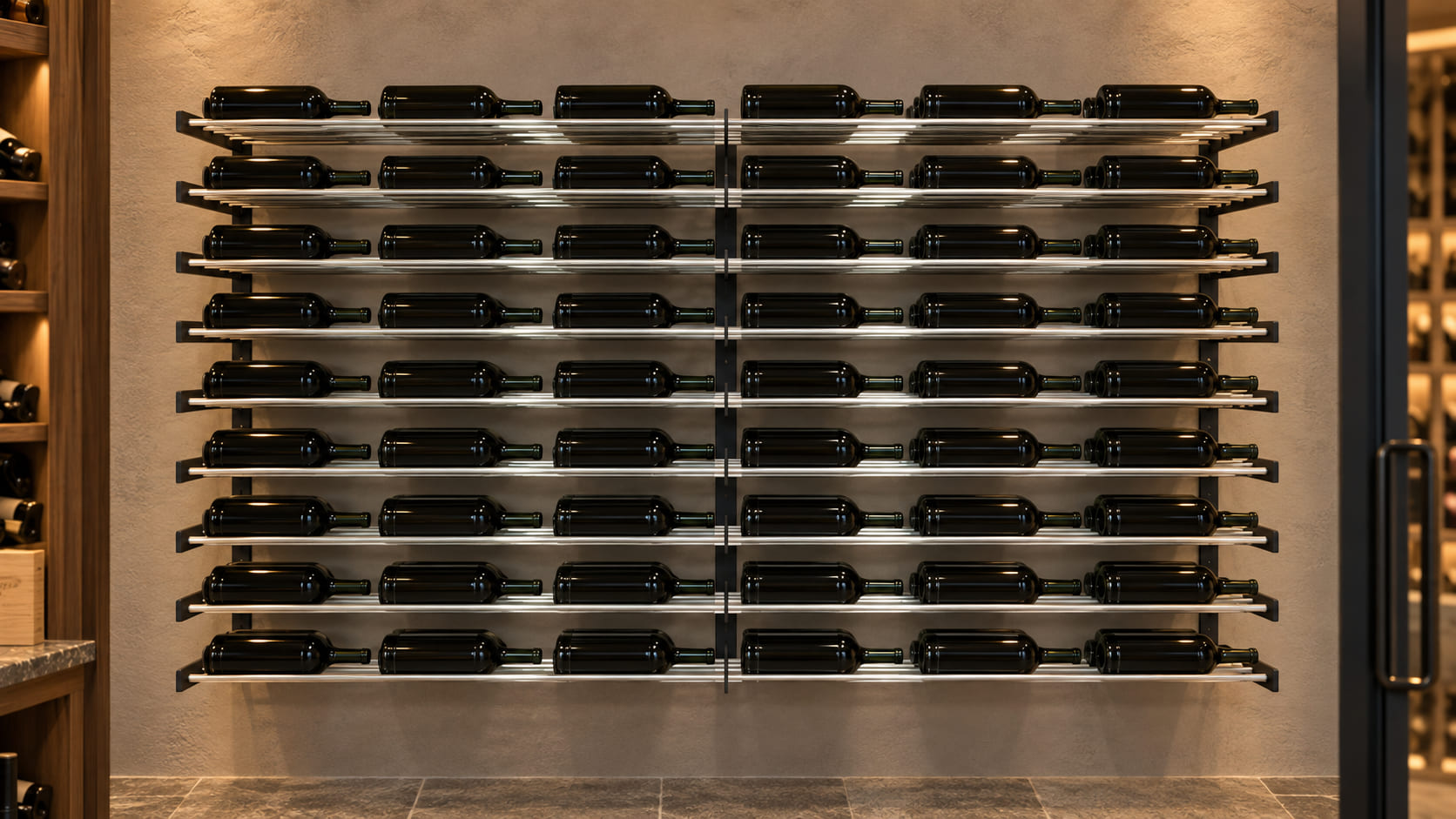 Evolution Series Wine Wall 45″ Wall Mounted Wine Rack Kit (54 to 162 bottles) installed and filled with wine bottles in a finished home cellar