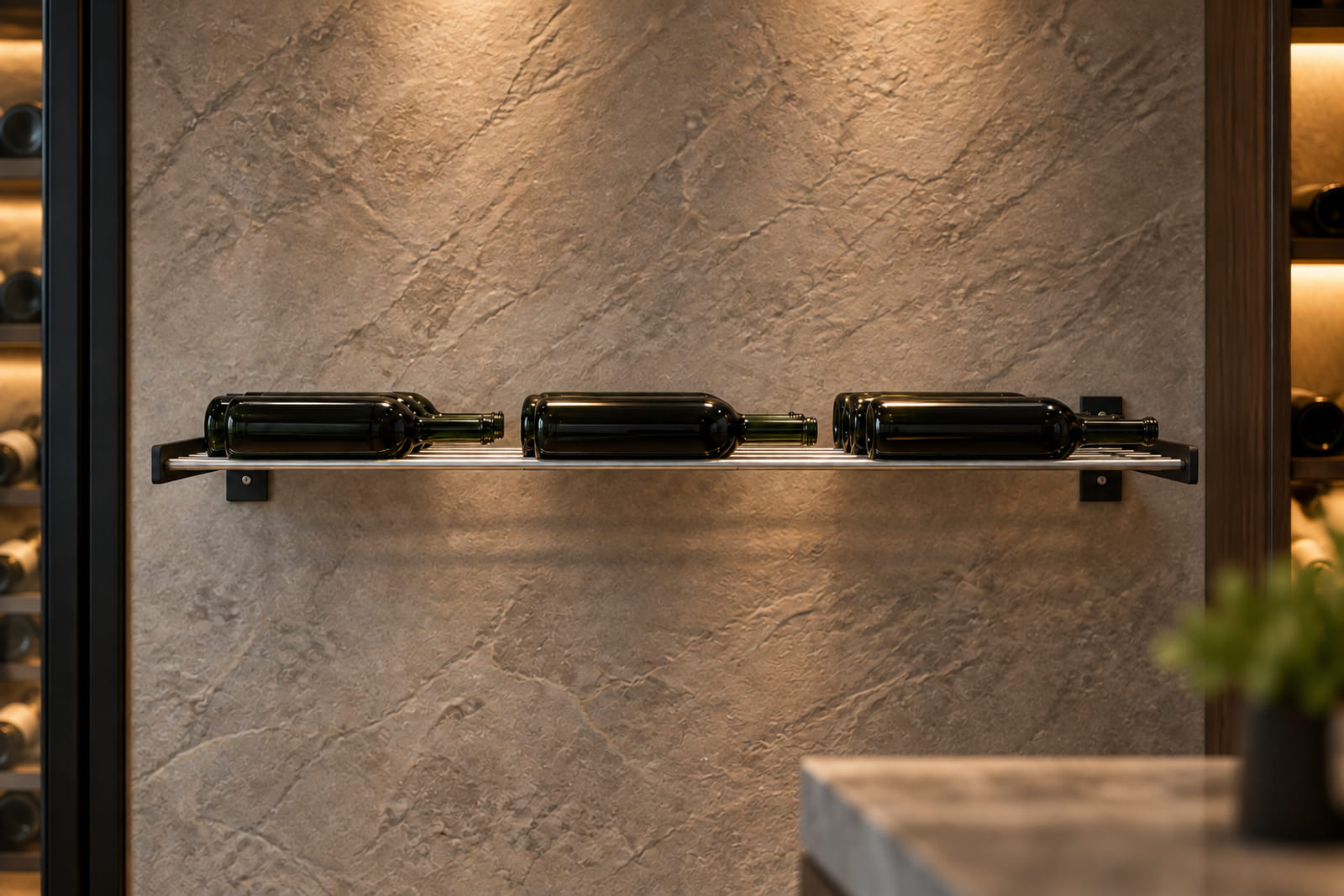 Evolution Series Wine Wall 5″ Wine Rack (3 to 9 bottles) installed and filled with wine bottles in a finished home cellar