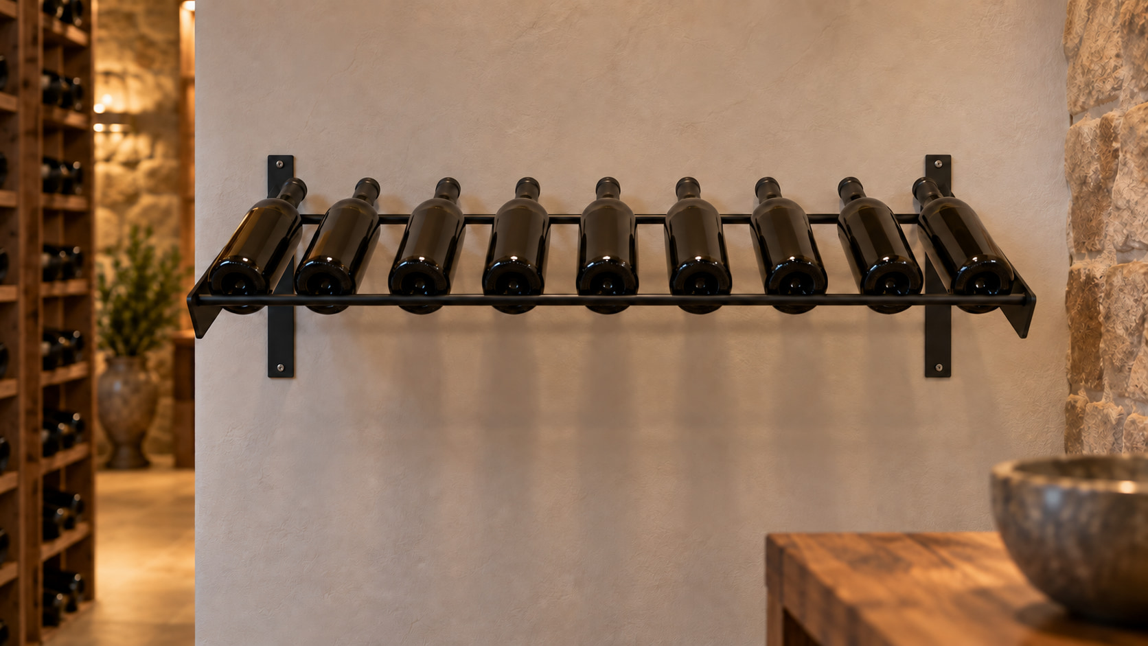 Single black Evolution Presentation Row wall rack holding nine bottles