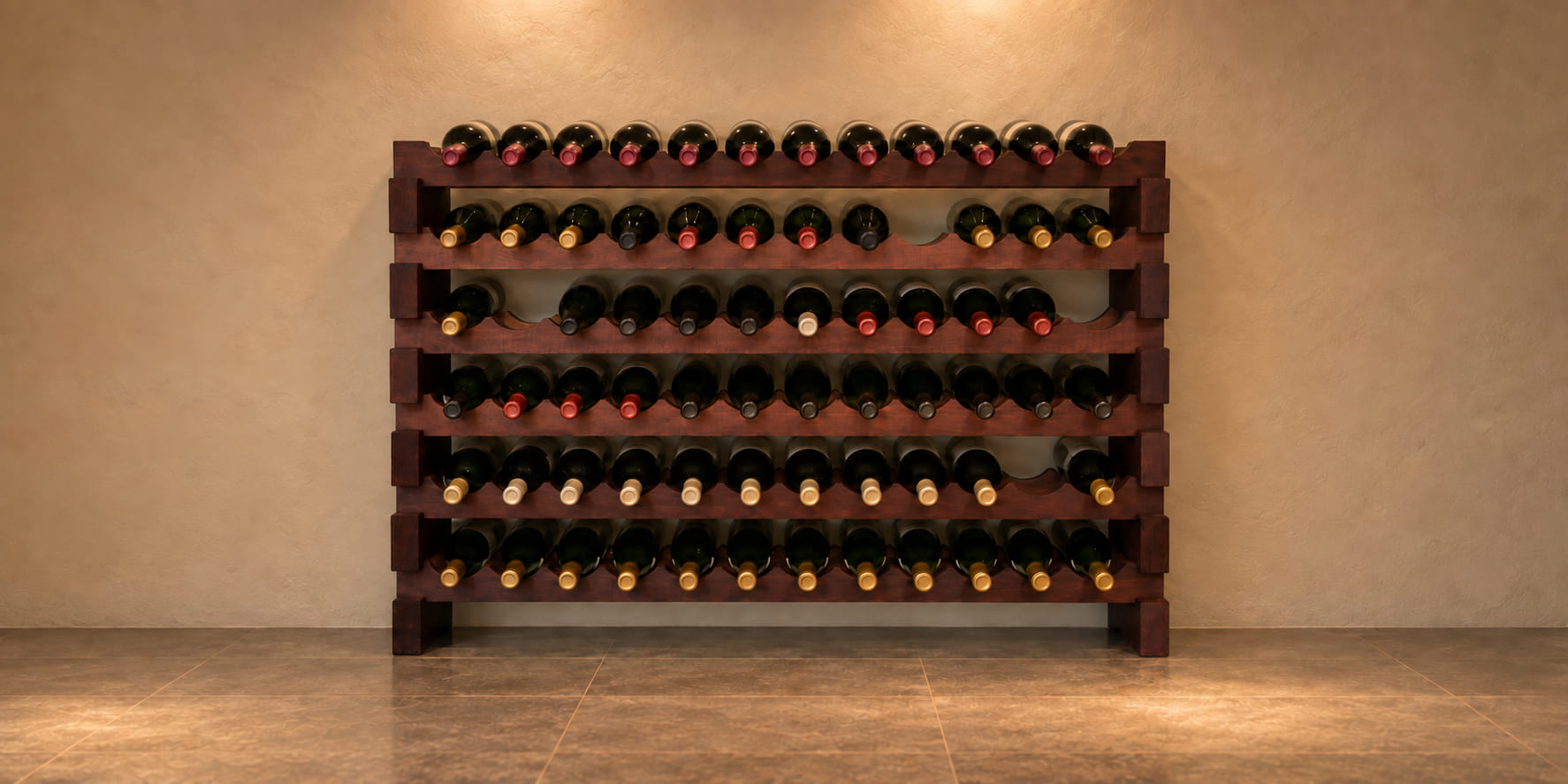 Modularack 6×12, 72 Bottle, Stained installed and filled with wine bottles in a finished home cellar
