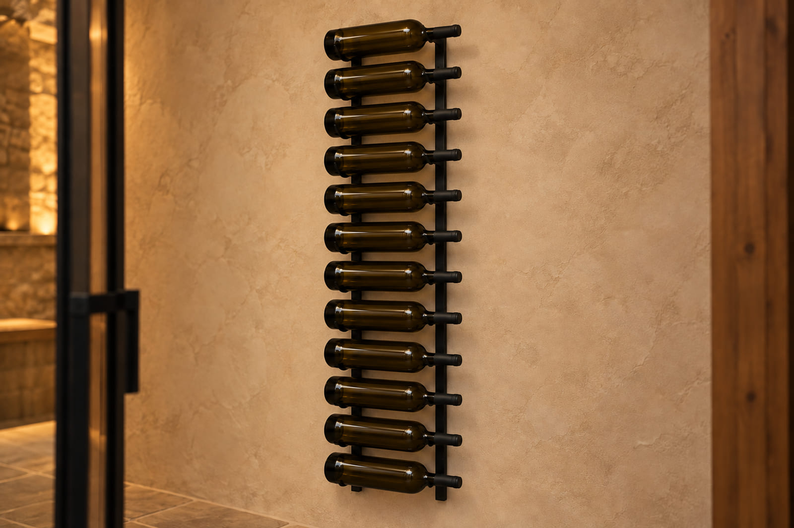 Vintage View W Series 4′ Wall Mounted Metal Wine Rack 12 Bottle installed and filled with wine bottles in a finished home cellar