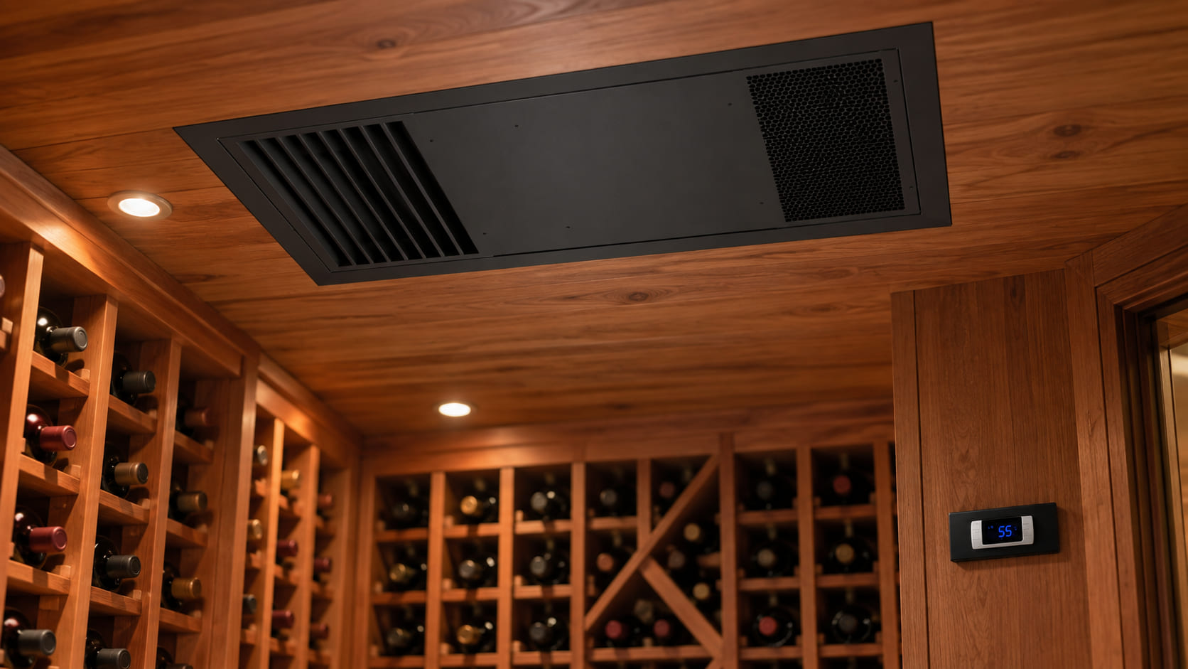 WhisperKOOL Ceiling Mount 4000 installed through the wall of a redwood-racked home wine cellar