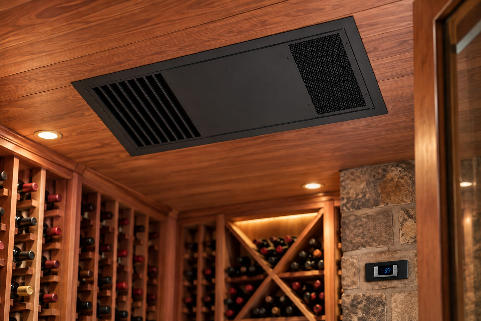WhisperKOOL Ceiling Mount 8000 installed through the wall of a redwood-racked home wine cellar