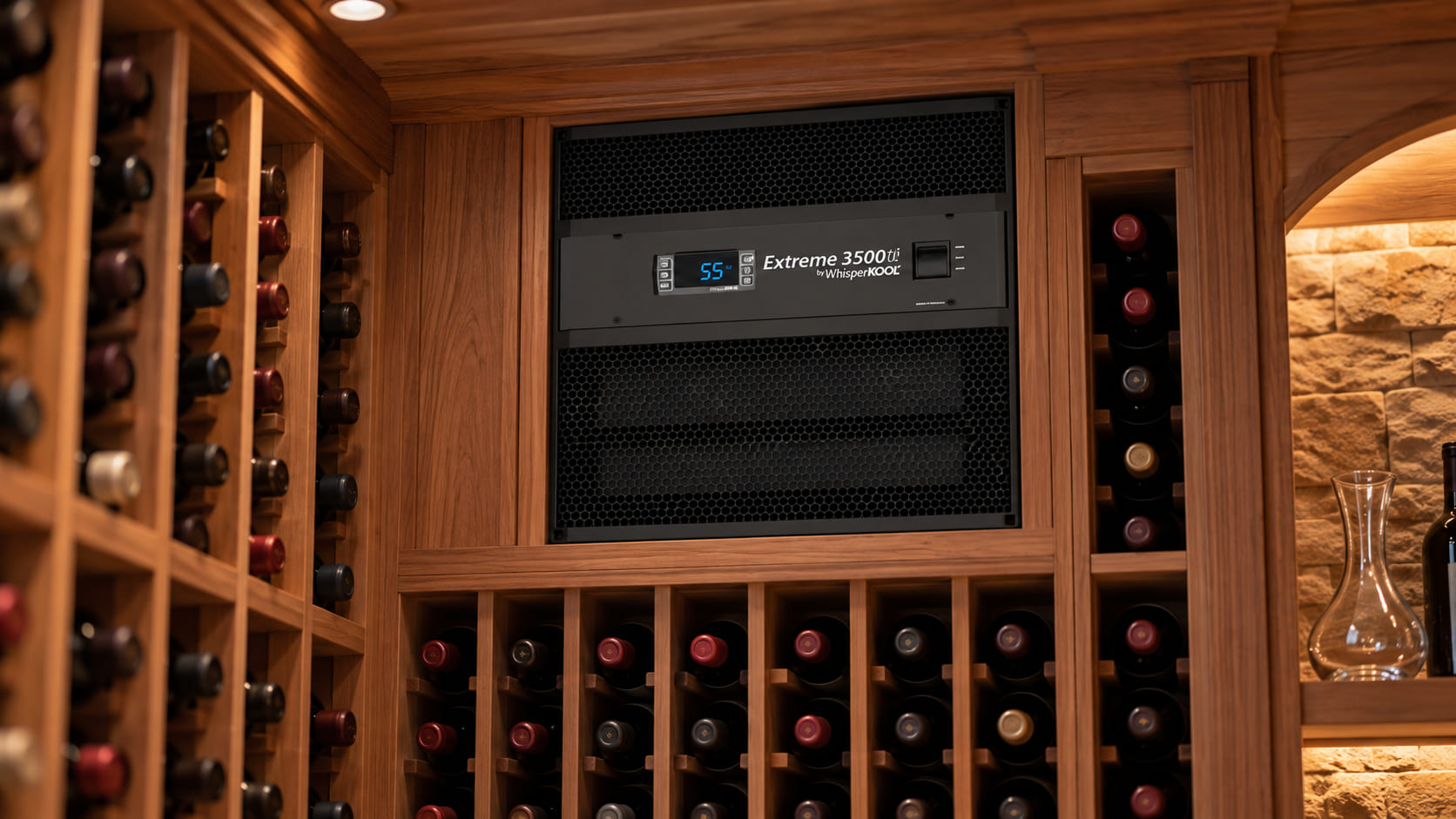 WhisperKOOL Extreme 3500ti installed through the wall of a redwood-racked home wine cellar