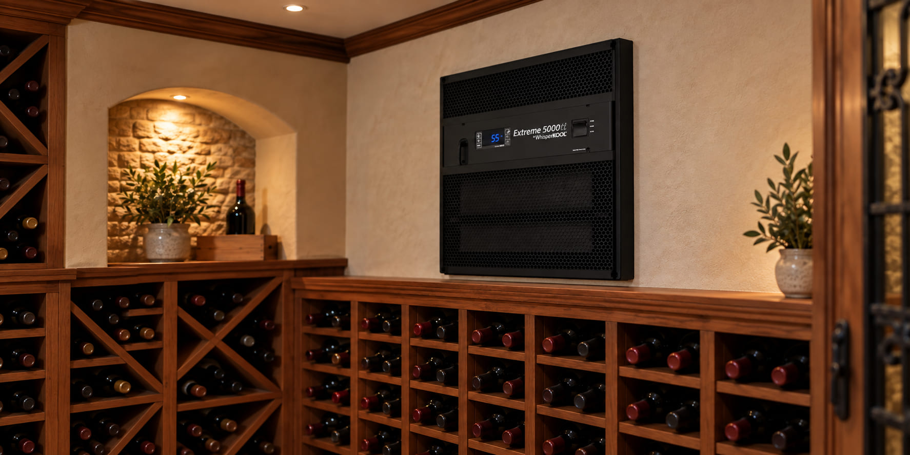 WhisperKOOL Extreme 5000ti installed through the wall of a redwood-racked home wine cellar