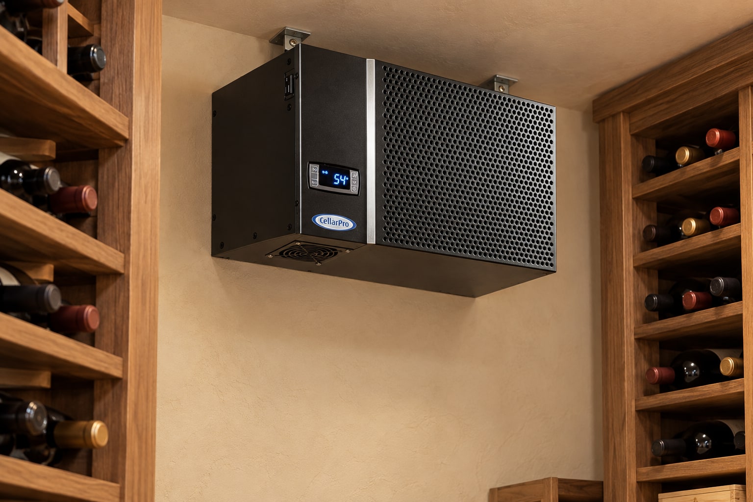 Generated installation view of CellarPro 1800QT projecting through a wine cellar wall with an unobstructed downward air outlet