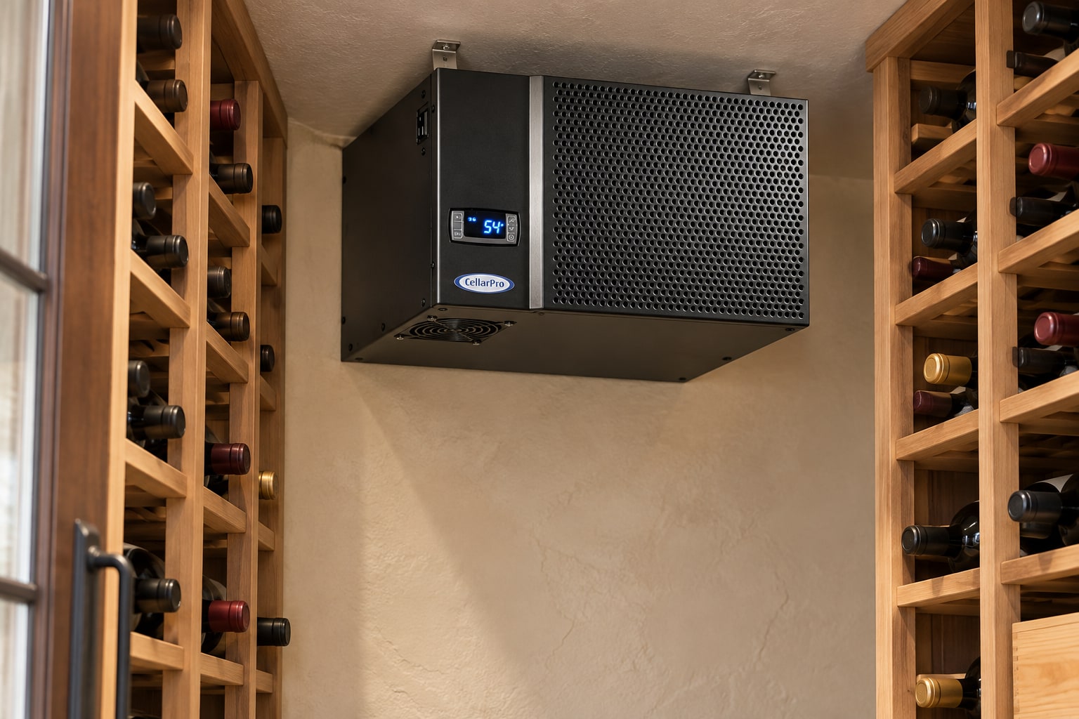Generated installation view of CellarPro 1800XT projecting through a wine cellar wall with an unobstructed downward air outlet