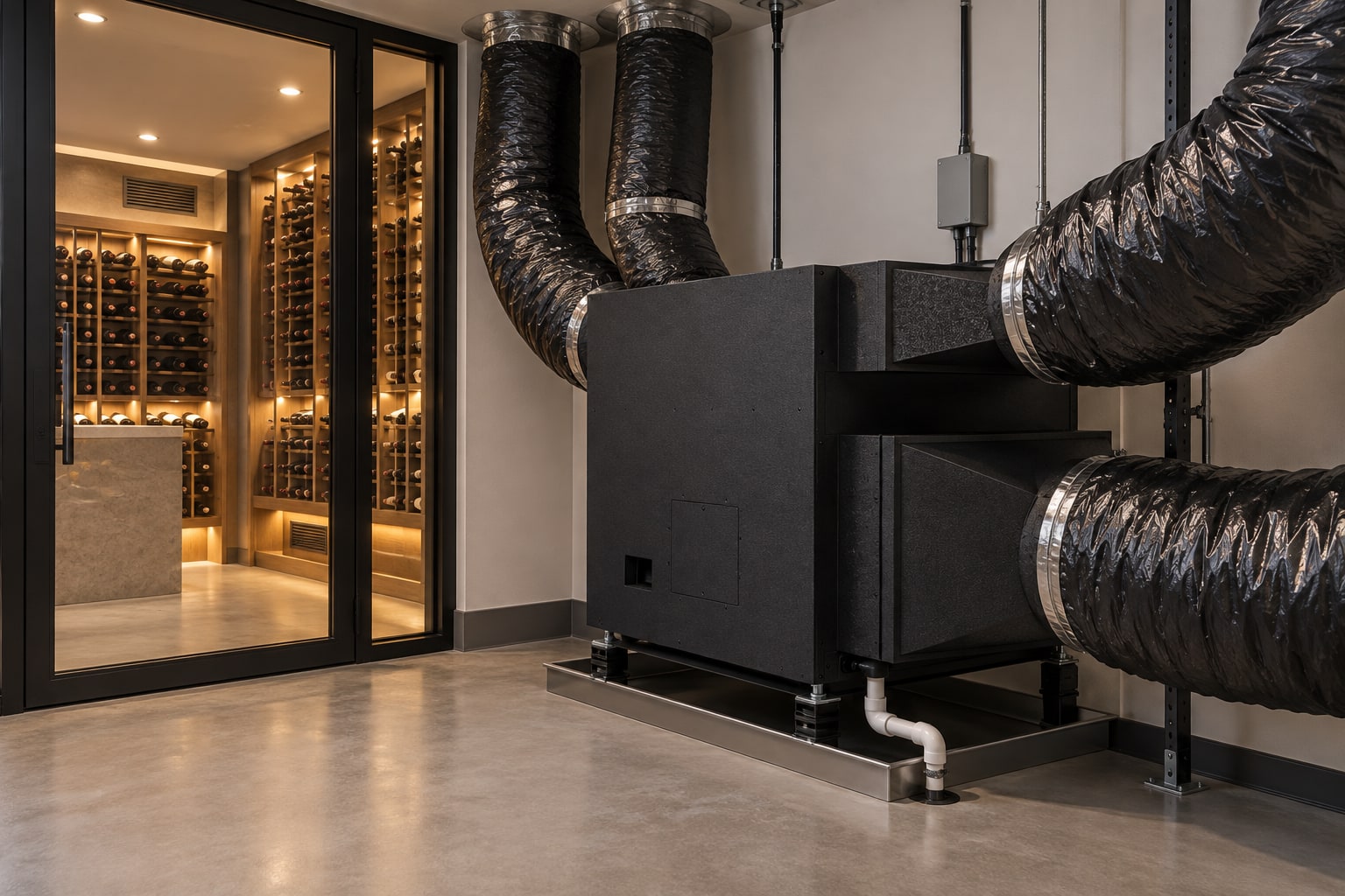 Generated installation view of WhisperKOOL Extreme 5000tiR with connected insulated ducts in a utility space beside a finished wine cellar