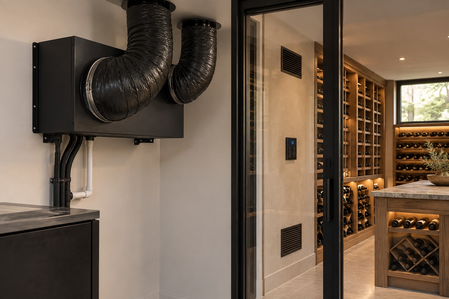 Generated installation view of WhisperKOOL Platinum Split 4000 with connected insulated ducts in a utility space beside a finished wine cellar