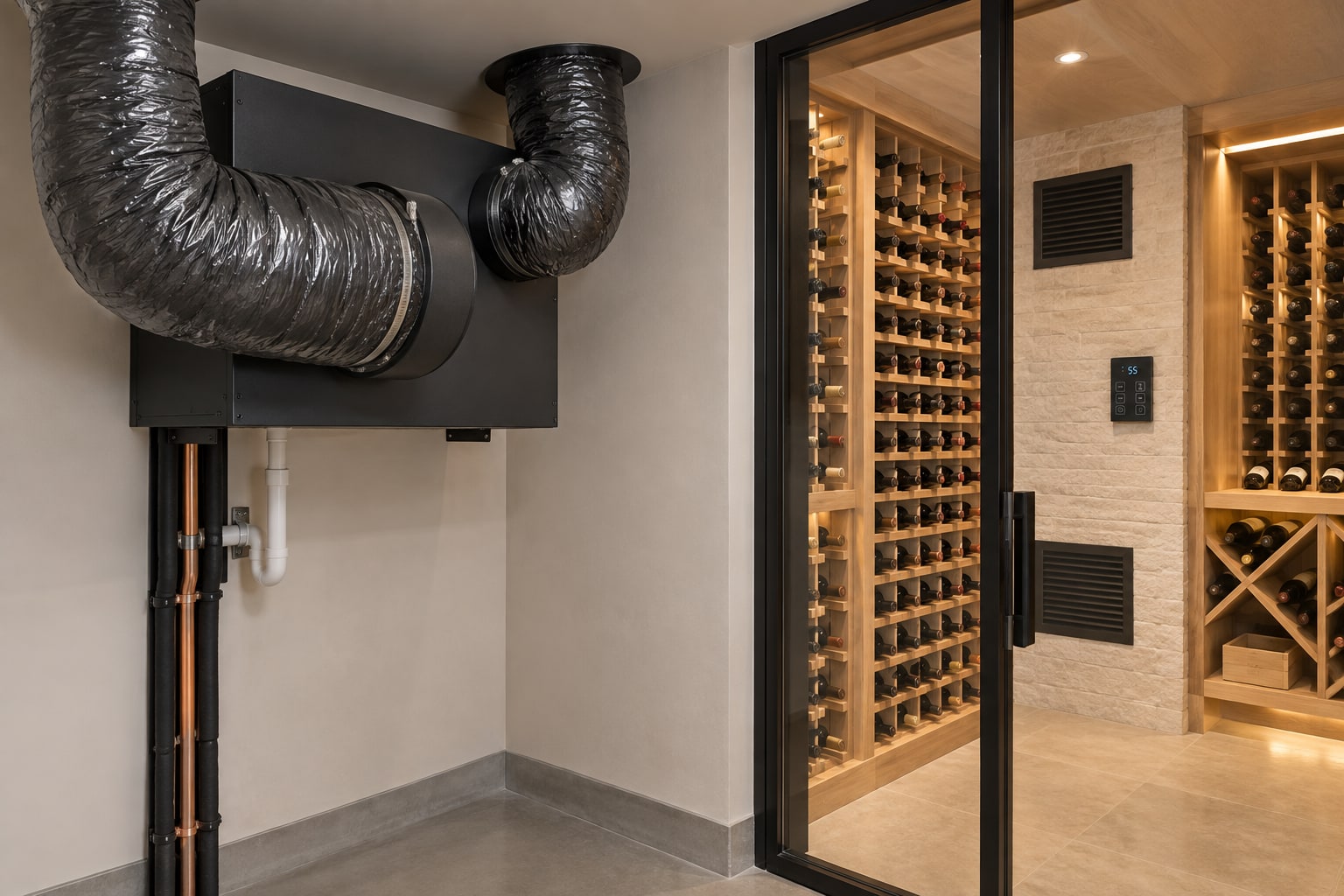 Generated installation view of WhisperKOOL Platinum Split 8000 with connected insulated ducts in a utility space beside a finished wine cellar