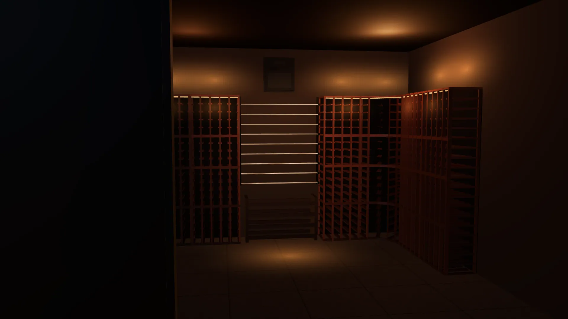 A Wine Hardware cellar wall: custom individual-bottle redwood racking turning a curved corner, a label-forward VintageView section and a Modularack, lit from the cove, with a cooling unit set through the wall.