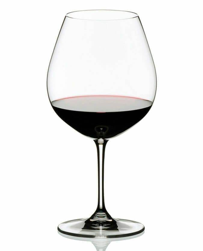 Riedel Vinum Pinot Noir Burgundy Red wine glass filled with red wine