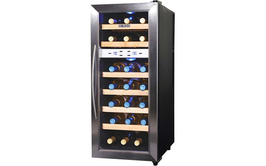 Dual-zone countertop wine refrigerator with wood shelves and blue display