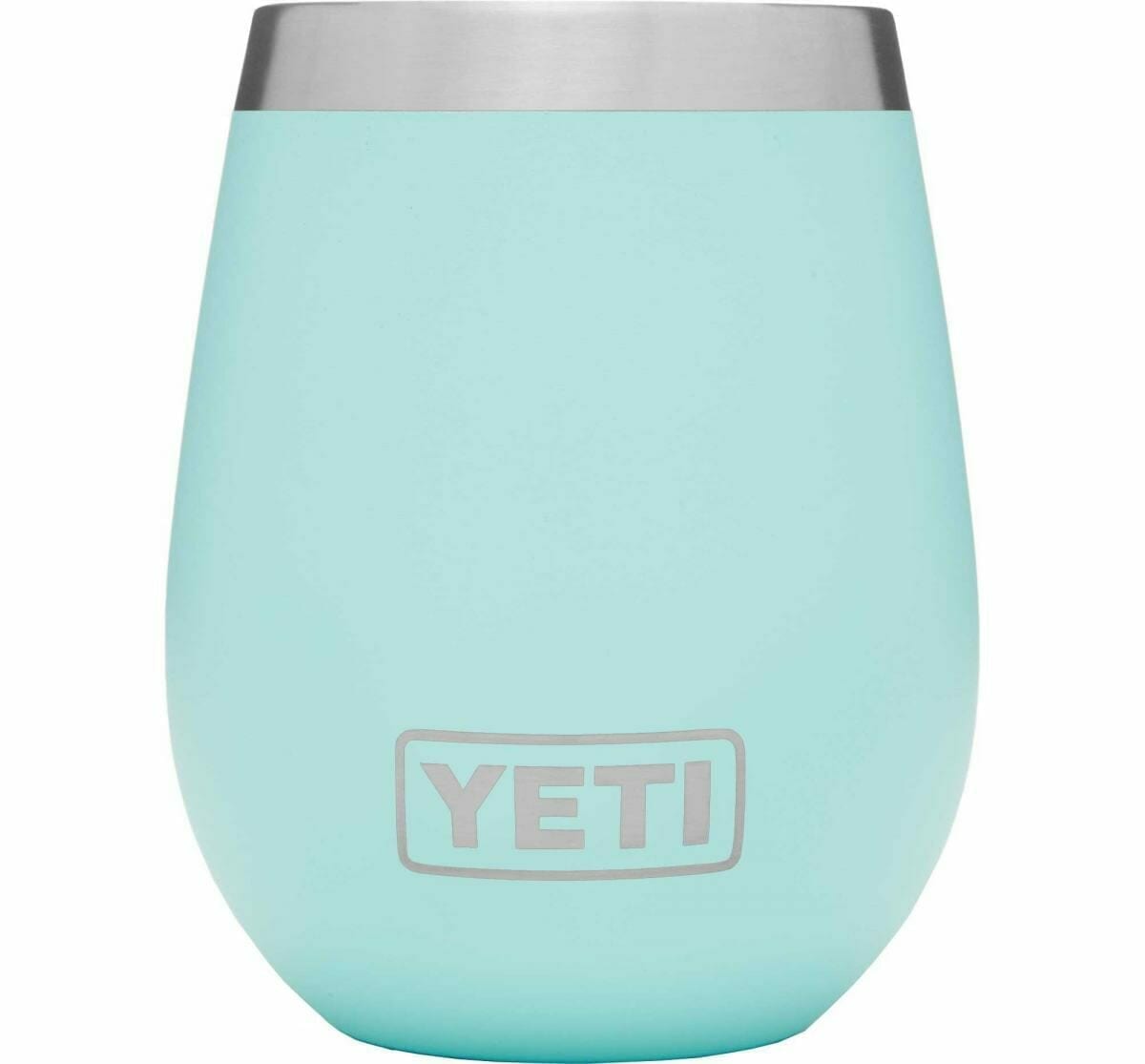 YETI stainless wine tumbler in seafoam color on white background