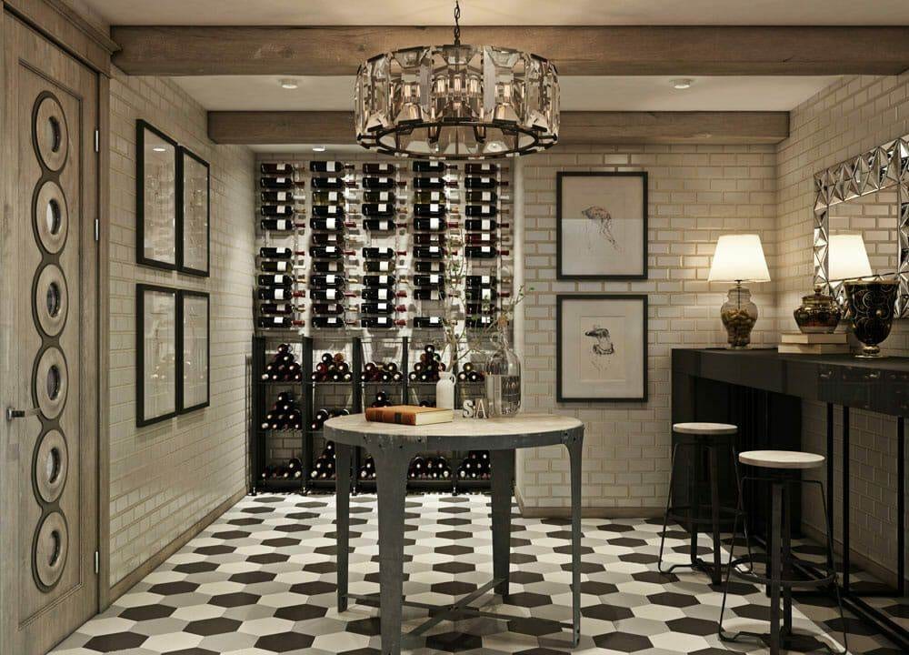 Wine cellar tasting parlor with subway tile walls and framed botanical art