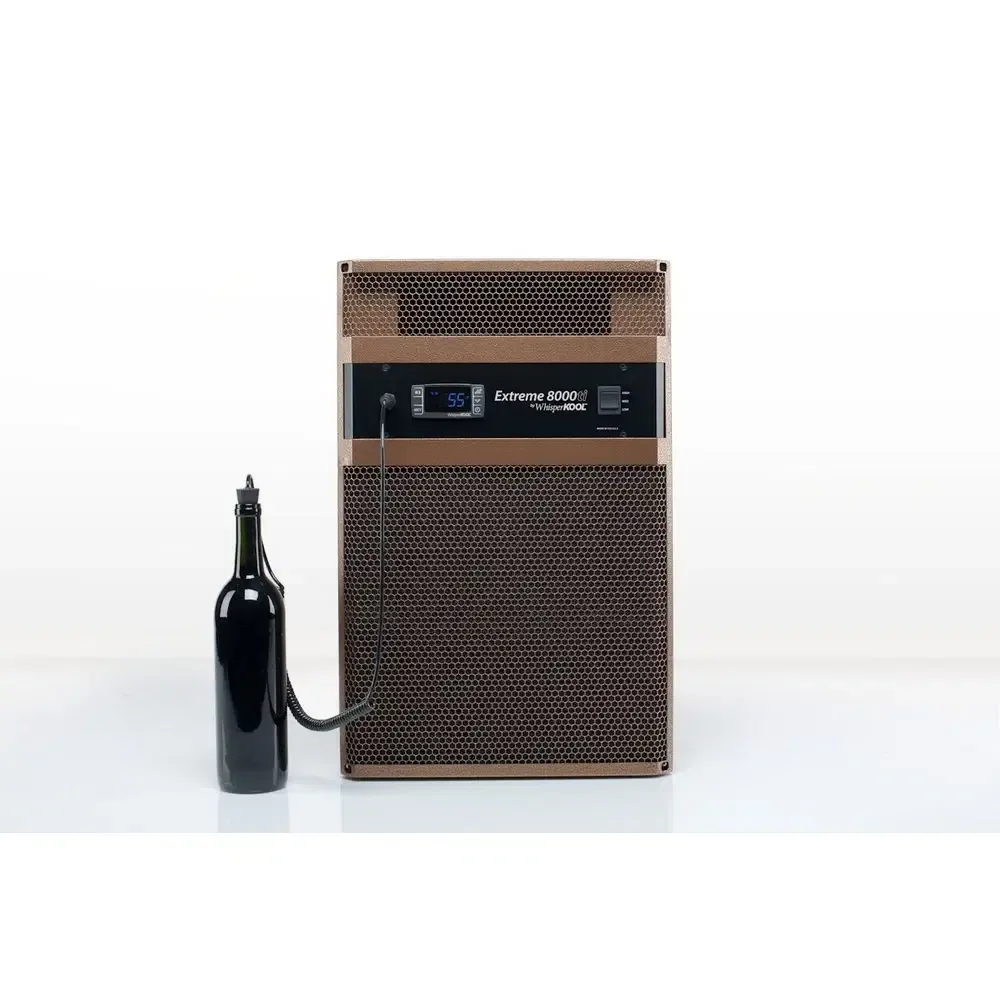 WhisperKool Extreme 8000ti cooling unit shown from the front with wine bottle.