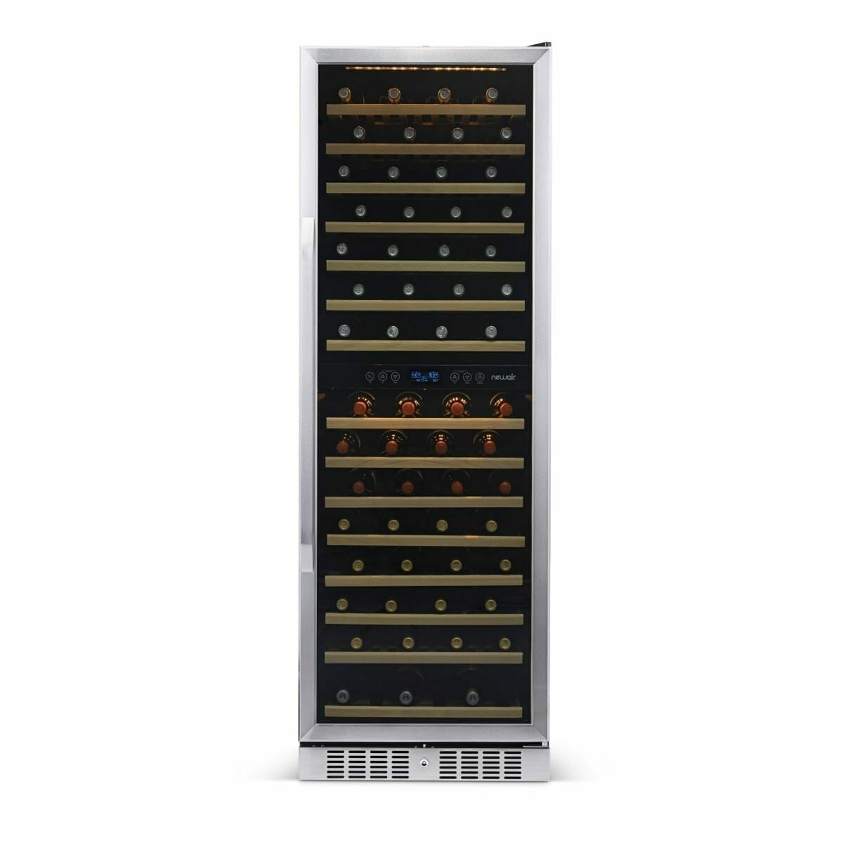 NewAir 160-bottle dual-zone wine fridge, straight-on view with lit display