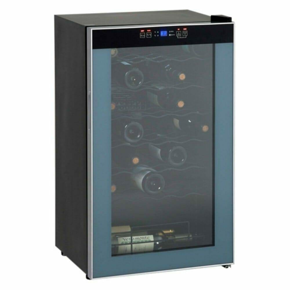 Freestanding 18-bottle wine cooler with blue-tinted glass door, angled view