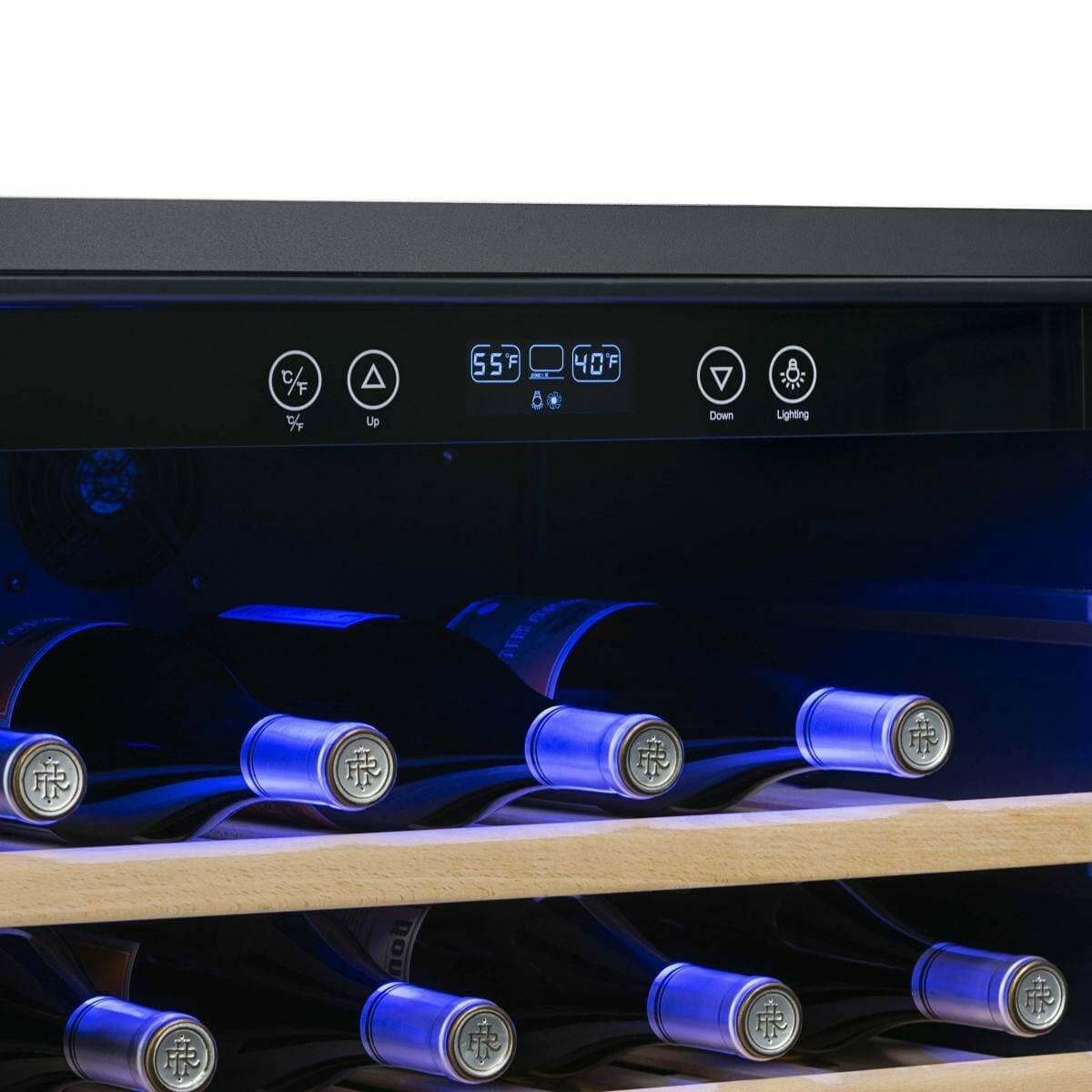Close-up of a wine cooler control panel above blue-lit bottle necks