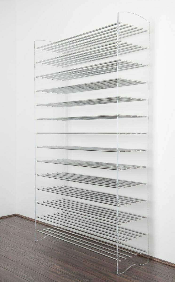Evolution Series 6 metal and acrylic wine tower, empty, in a corner