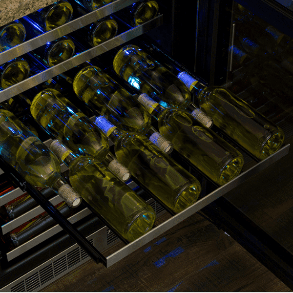 Marvel Professional wine cellar shelf loaded with wine bottles, close-up