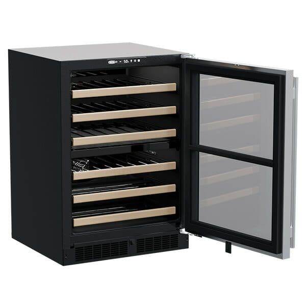 Marvel 24-inch wine cellar with door open, wood-trimmed shelves visible