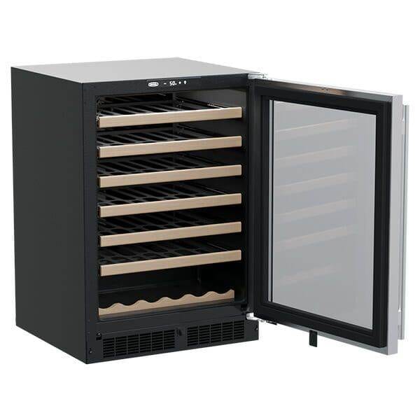 Marvel 24-inch wine cooler with door open, wood-trimmed racking