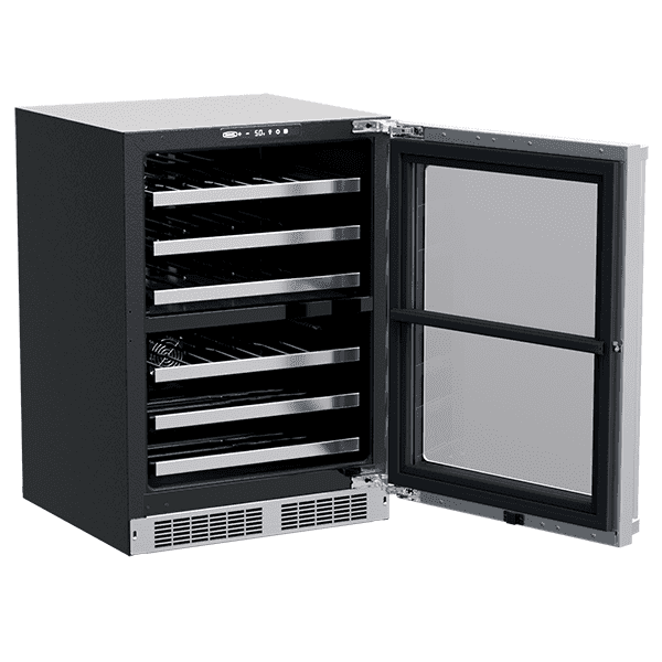 Marvel Professional dual-zone wine refrigerator with its glass door open, showing six metal-front shelves.