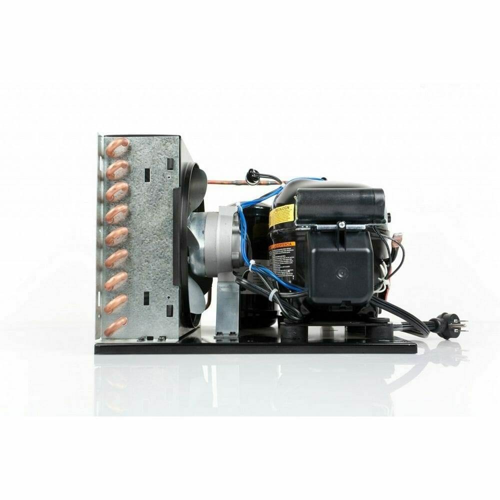 WhisperKOOL condenser assembly showing compressor, fan and wiring