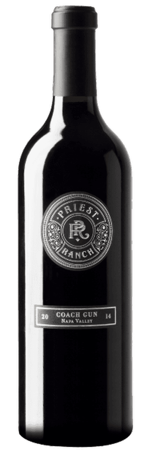 Priest Ranch Coach Gun wine bottle with dark label on plain background