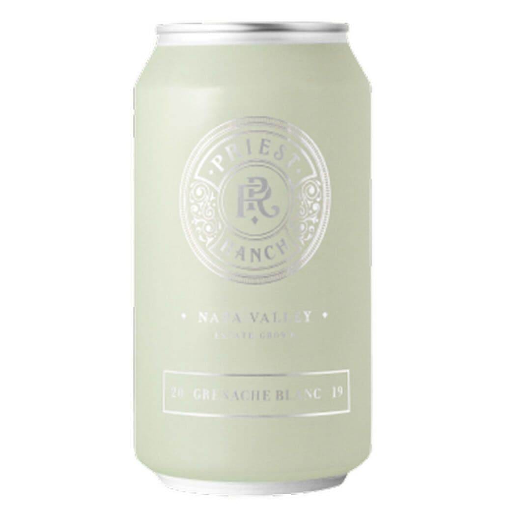 Priest Ranch Grenache Blanc 2019 sage-green wine can on white background