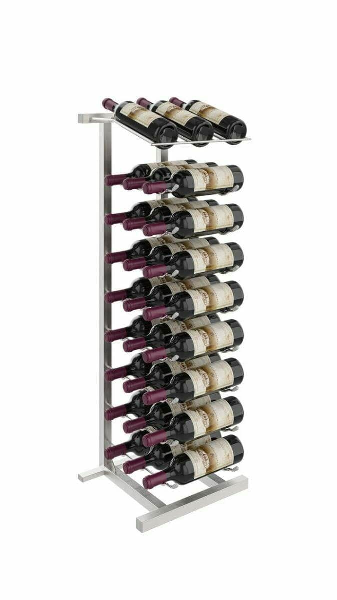 Brushed nickel floor wine rack holding 27 bottles, rendered on white