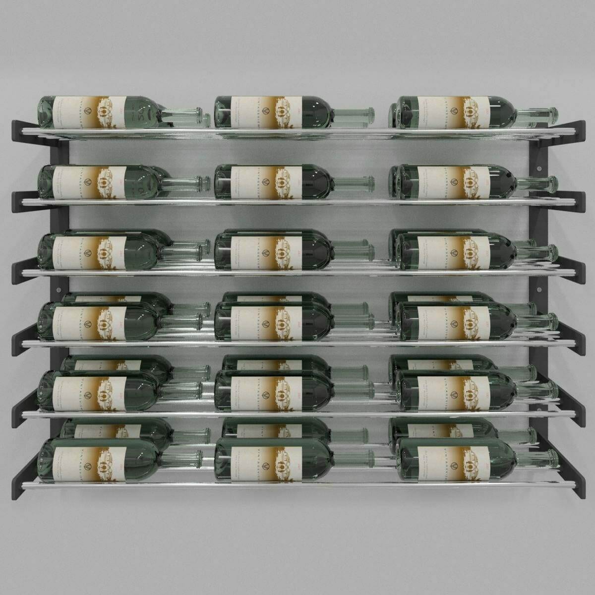 Evolution Wine Wall rack with six rows of wine bottles, chrome