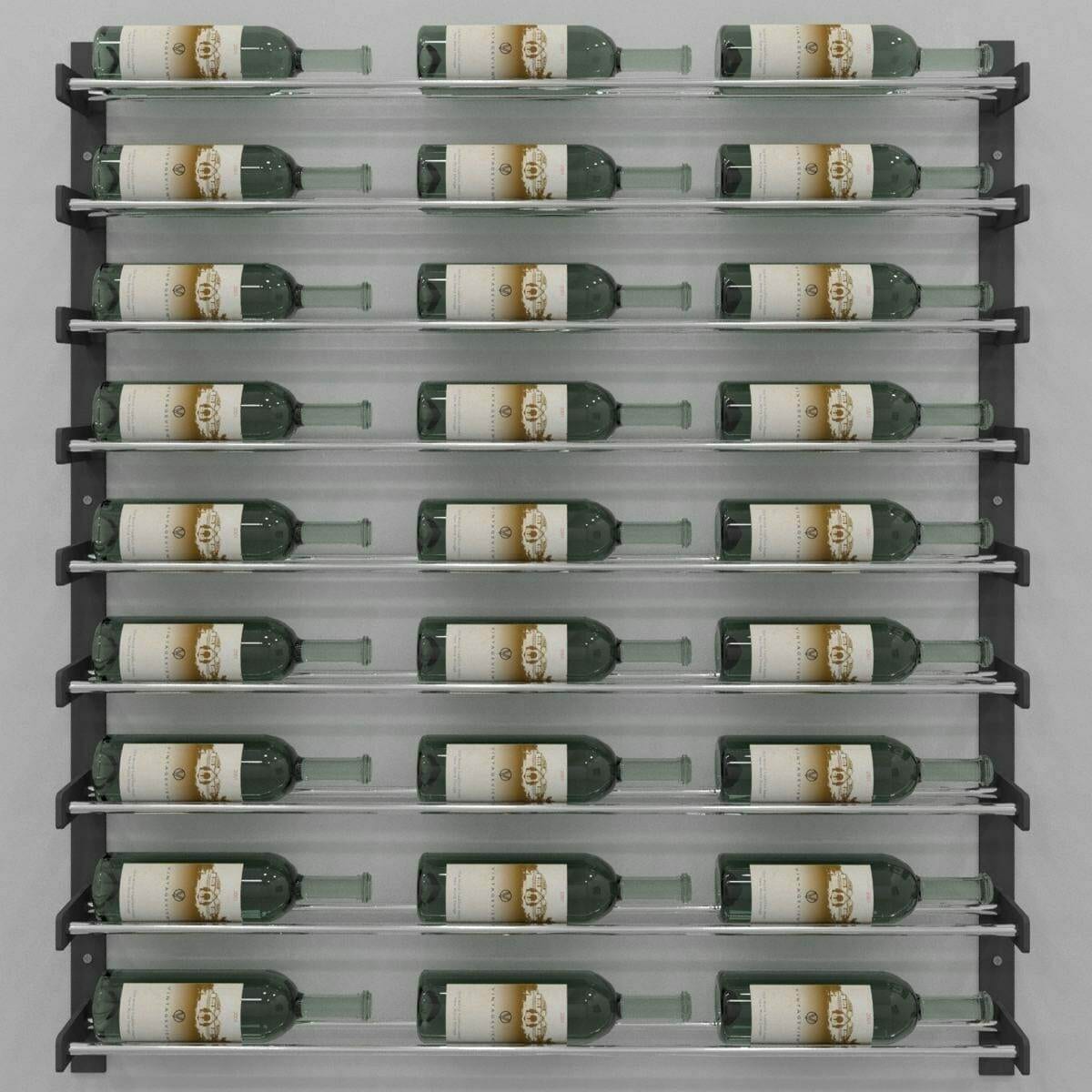 Evolution Wine Wall 45" wall-mounted rack with chrome rails holding wine bottles, grey backdrop