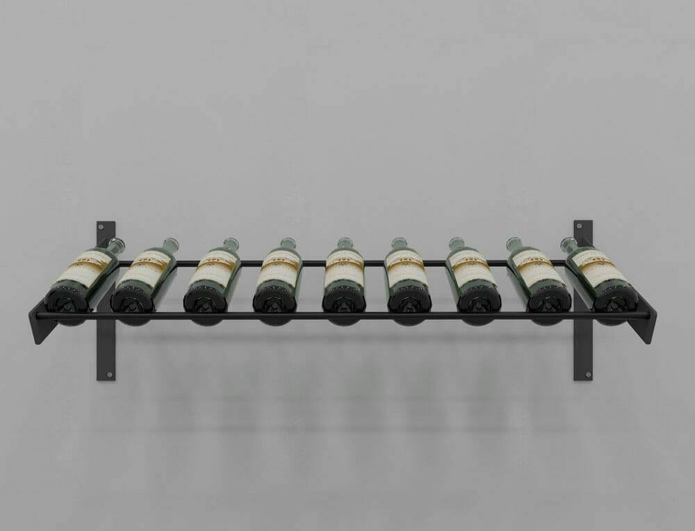 Evolution Series Wine Wall Presentation Row, black wall rack holding nine wine bottles